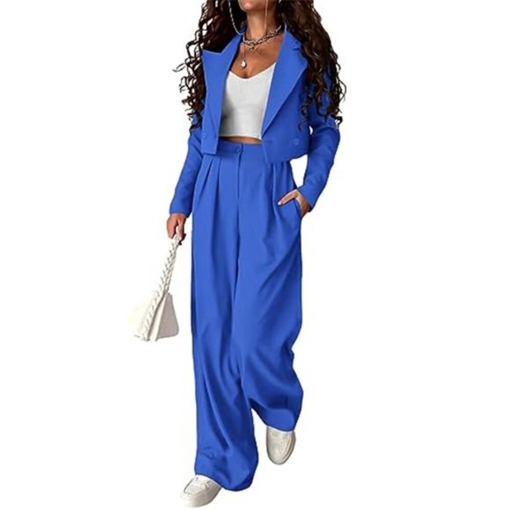 Women's 2 Piece Casual Outfits Cropped Blazer Jackets High Waisted Wide Leg Work